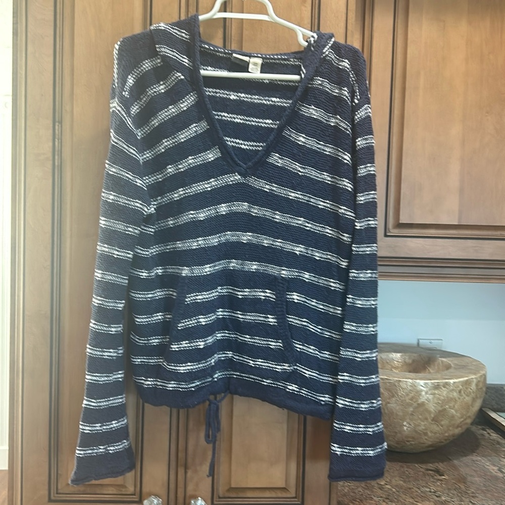 Roxy blue & white striped v neck hooded sweater. Bell sleeves size M